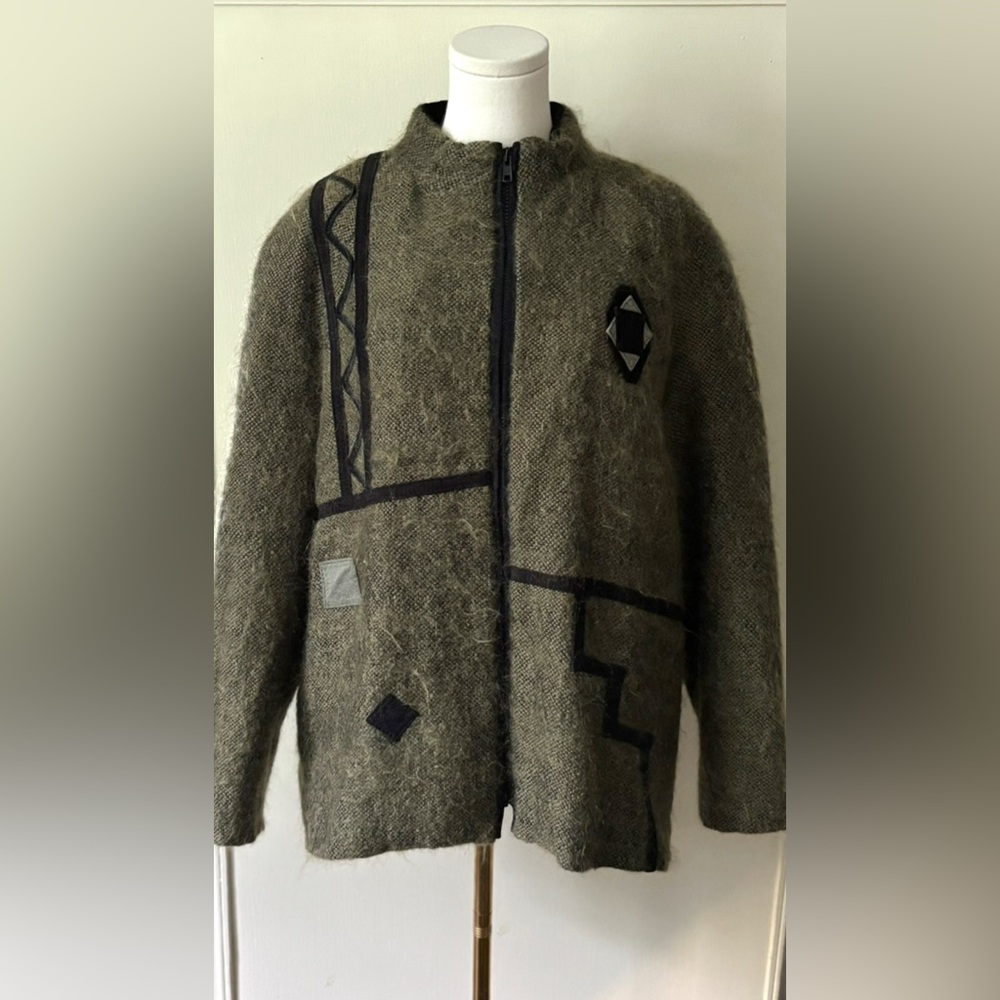 Vintage 80s Canadian Green Wool Mohair Artistic Bohemian Funky Appliqué Coat - Picture 3 of 12